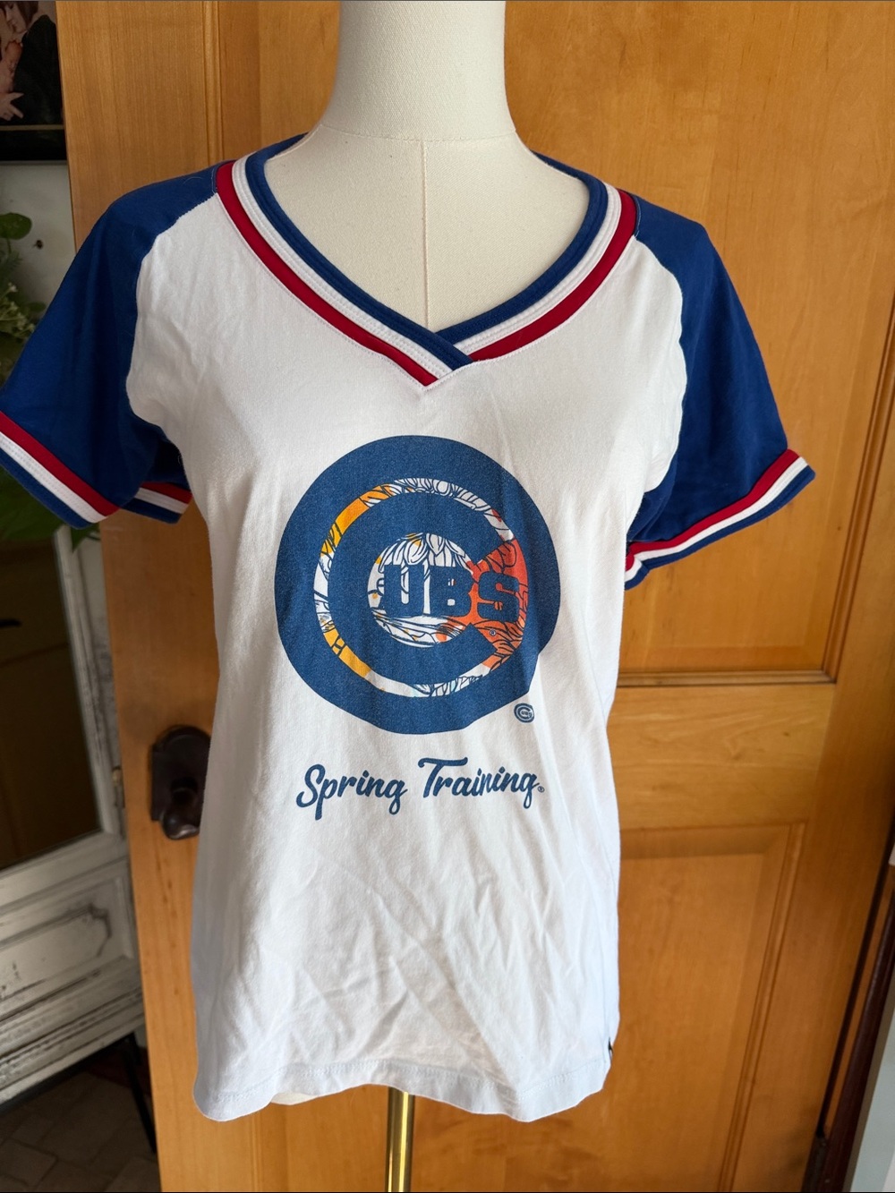 Cubs Spring Training V-Neck Raglan Tee - White & Blue New Era Genuine Medium